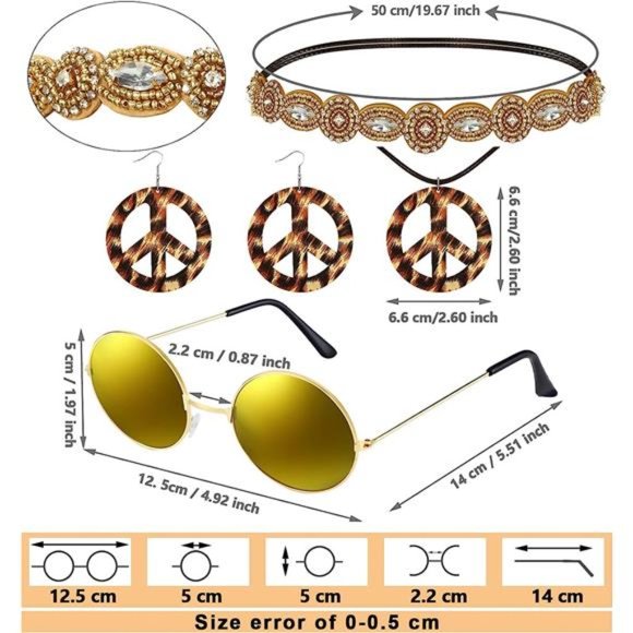 6 Pcs 60s 70s Outfits for Women Hippie Costume Set Peace Sign Earring Headband - Picture 2 of 7